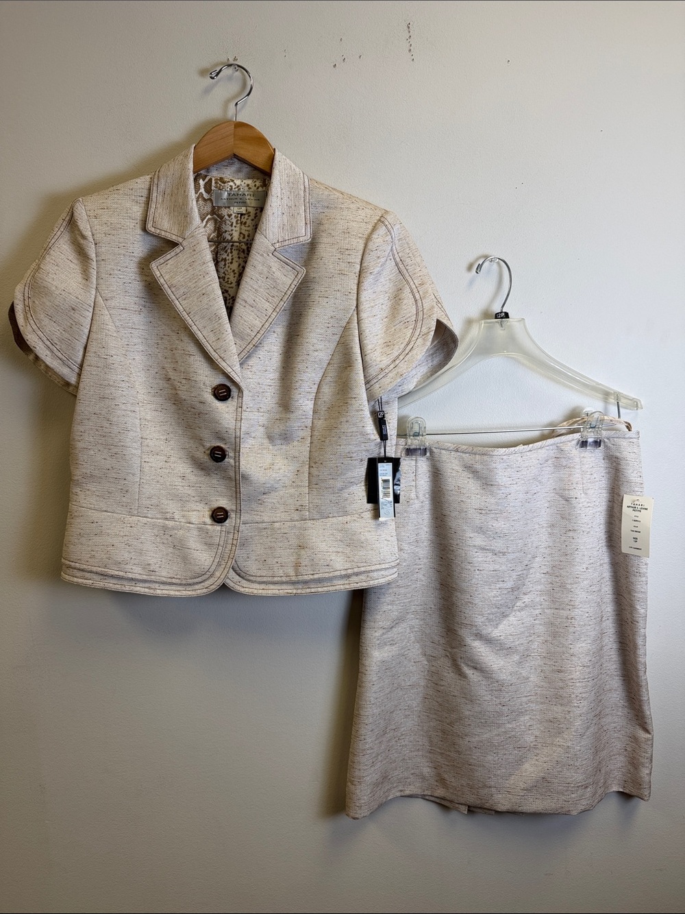 Tahari Cream Marled Short-Sleeve Blazer & Matching Skirt